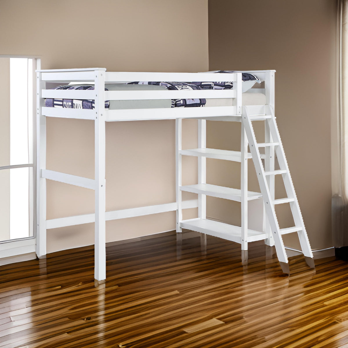 Ica Modern Twin Loft Bed with 3 Shelves and Ladder, White Solid Wood - BM315326