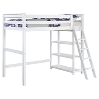 Ica Modern Twin Loft Bed with 3 Shelves and Ladder, White Solid Wood - BM315326