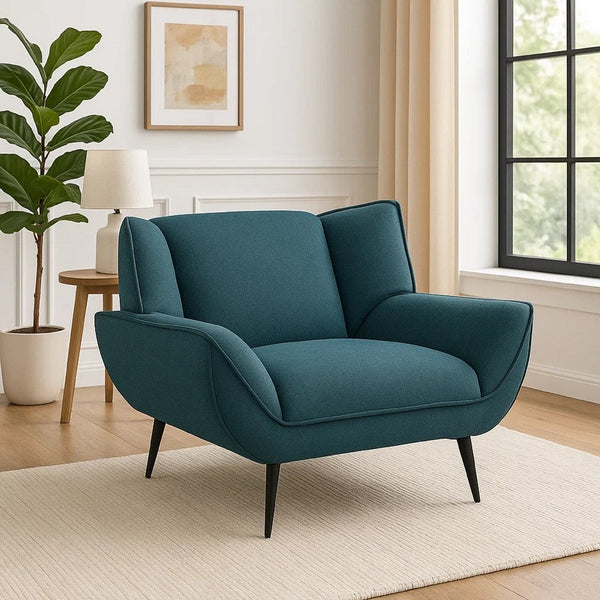 Toer 43 Inch Accent Sofa Chair, Flared Arms, Teal Blue Fabric, Black Metal - BM315330