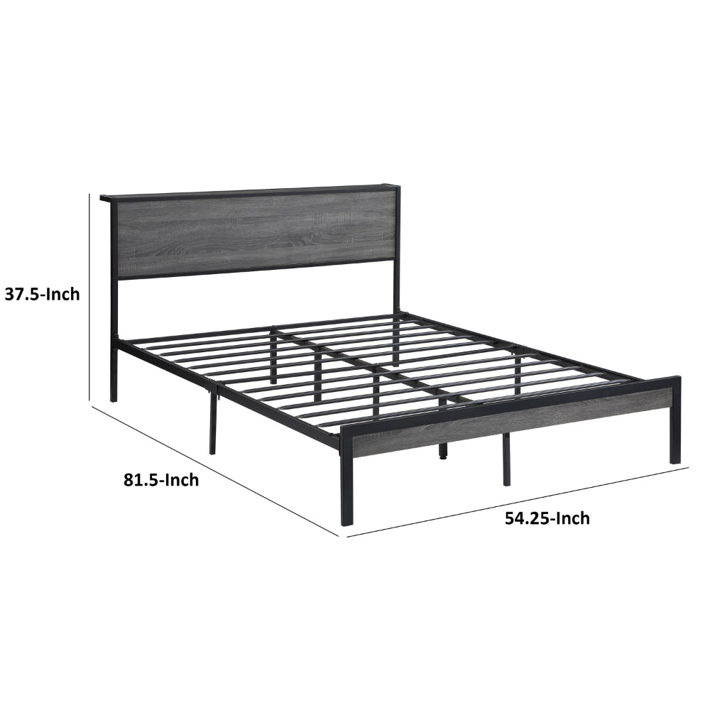 Rick Full Size Platform Bed, 1 Shelf, Retro Style, Black Metal Frame, Gray - BM315331