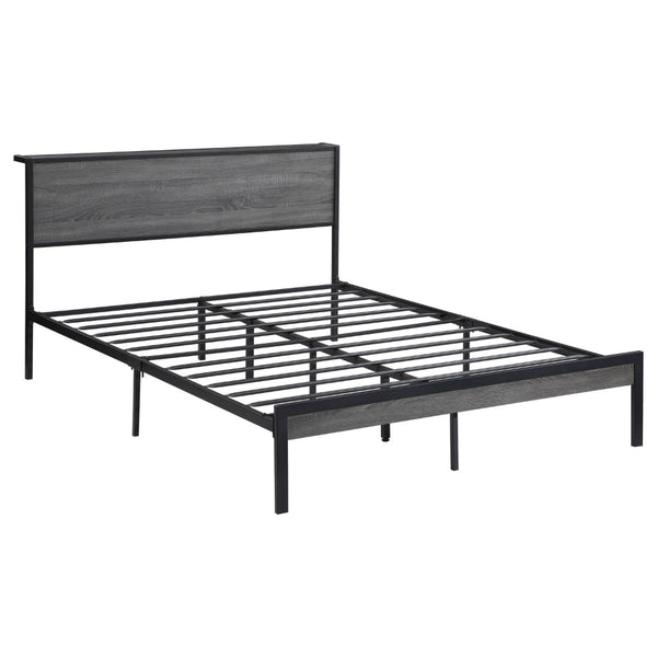Rick Full Size Platform Bed, 1 Shelf, Retro Style, Black Metal Frame, Gray - BM315331