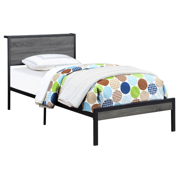 Rick Twin Size Platform Bed, 1 Shelf, Retro Style, Black Metal Frame, Gray - BM315332