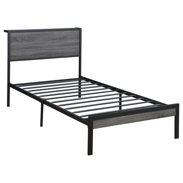 Rick Twin Size Platform Bed, 1 Shelf, Retro Style, Black Metal Frame, Gray - BM315332