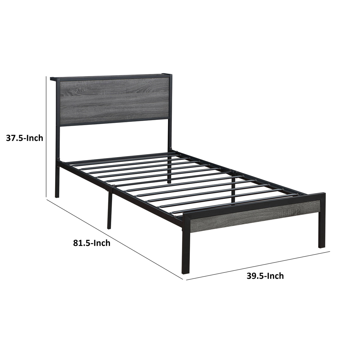 Rick Twin Size Platform Bed, 1 Shelf, Retro Style, Black Metal Frame, Gray - BM315332