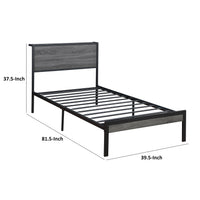 Rick Twin Size Platform Bed, 1 Shelf, Retro Style, Black Metal Frame, Gray - BM315332