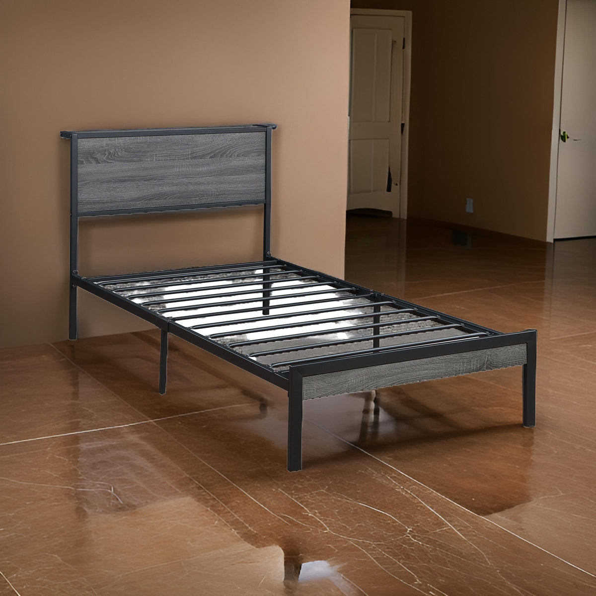 Rick Twin Size Platform Bed, 1 Shelf, Retro Style, Black Metal Frame, Gray - BM315332