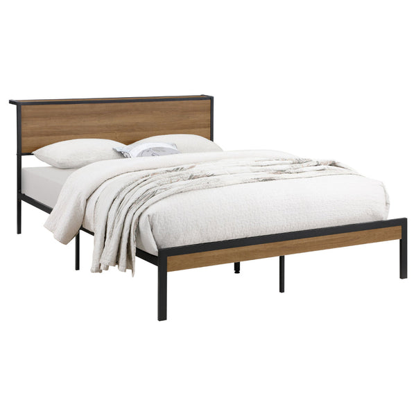 Rick Full Size Platform Bed, 1 Shelf, Retro Style, Black Metal Frame, Brown - BM315333
