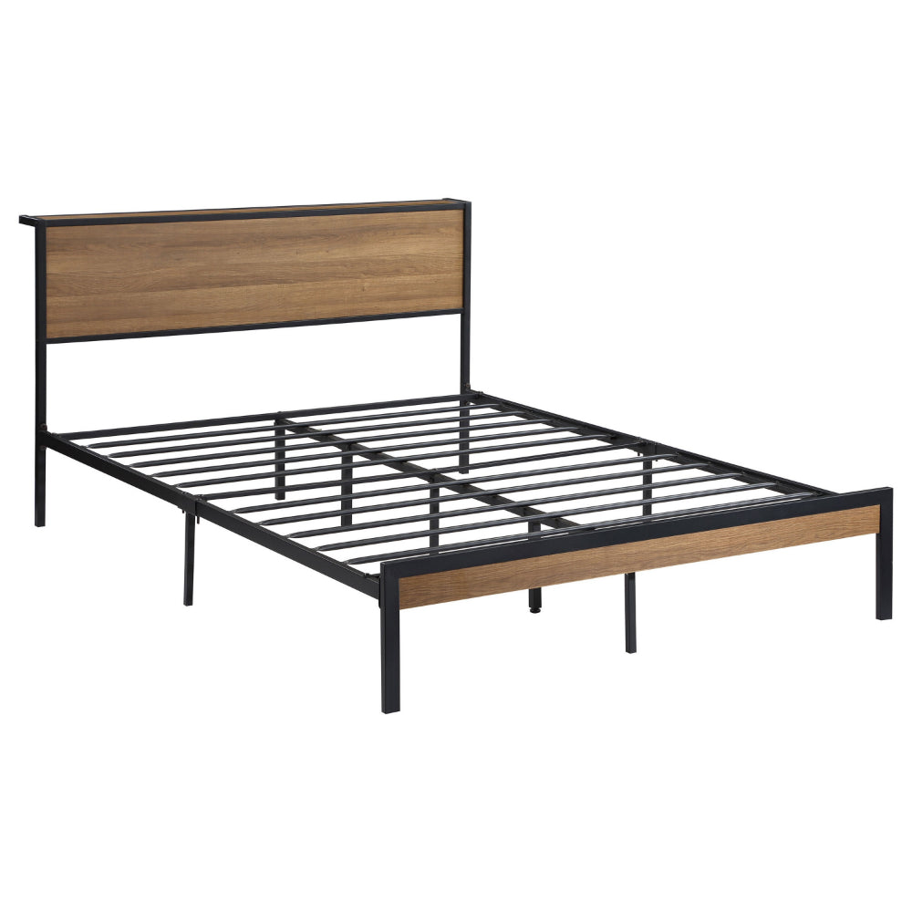 Rick Full Size Platform Bed, 1 Shelf, Retro Style, Black Metal Frame, Brown - BM315333