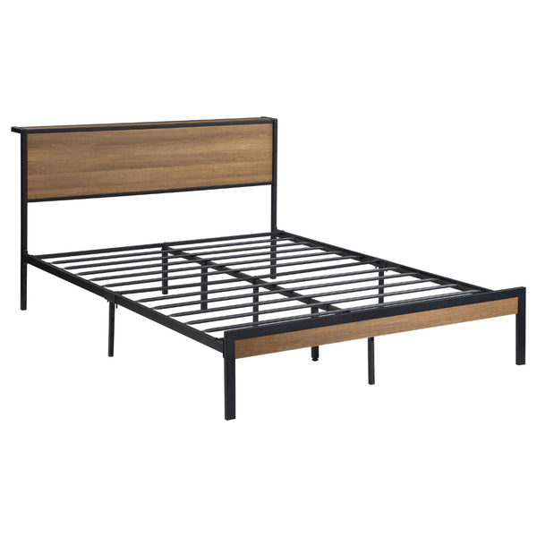 Rick Full Size Platform Bed, 1 Shelf, Retro Style, Black Metal Frame, Brown - BM315333