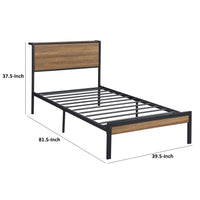 Rick Twin Size Platform Bed, 1 Shelf, Retro Style, Brown Metal Frame, Brown - BM315334