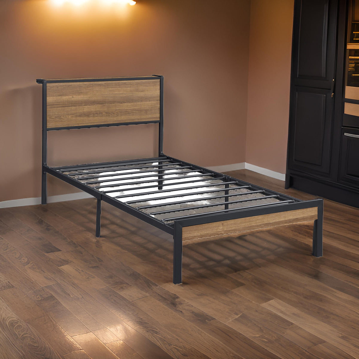 Rick Twin Size Platform Bed, 1 Shelf, Retro Style, Brown Metal Frame, Brown - BM315334