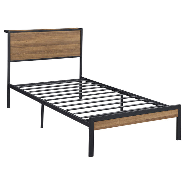 Rick Twin Size Platform Bed, 1 Shelf, Retro Style, Brown Metal Frame, Brown - BM315334