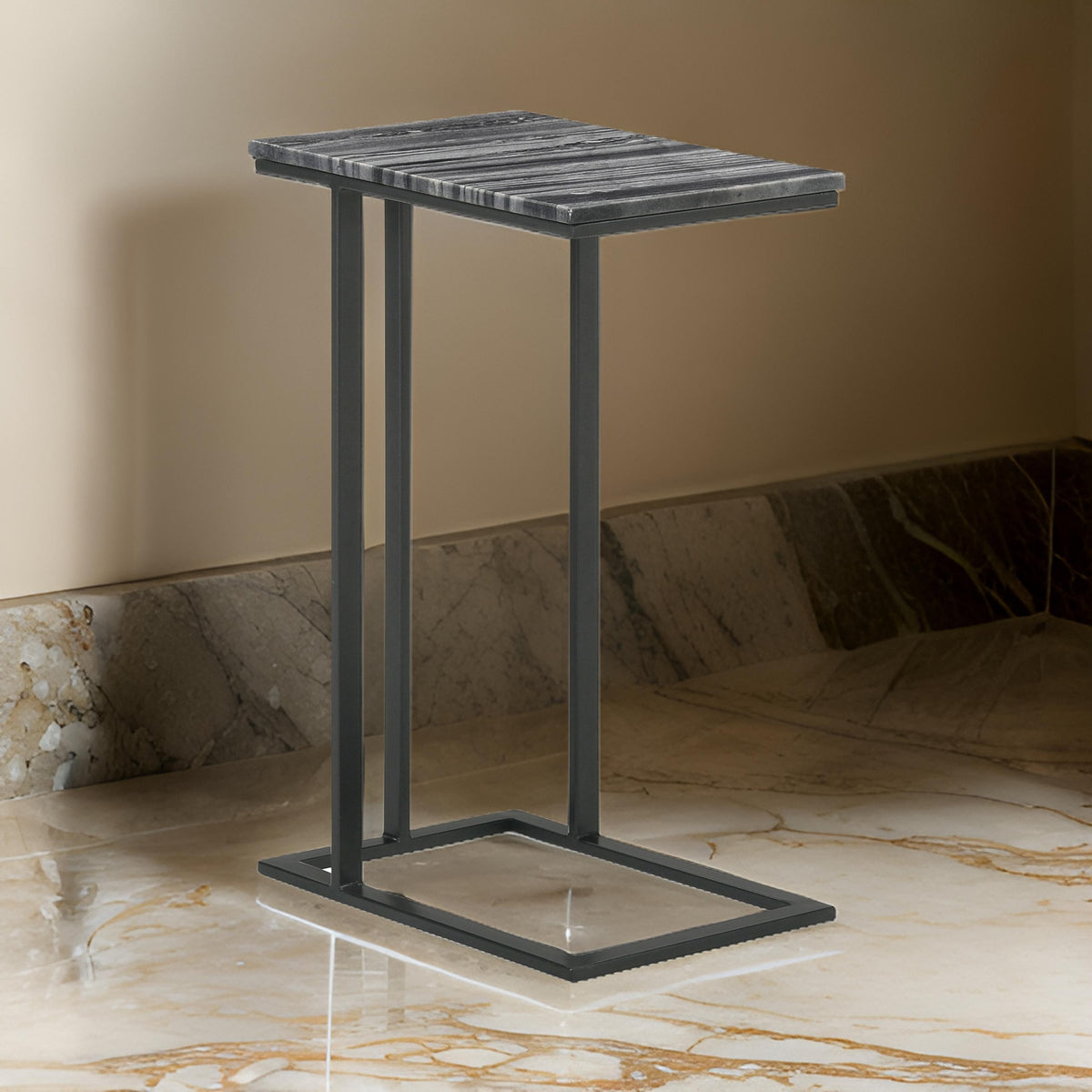 Enu 25 Inch Accent C Table, Marble Top, Black Metal Cantilever Base, Gray  - BM315339