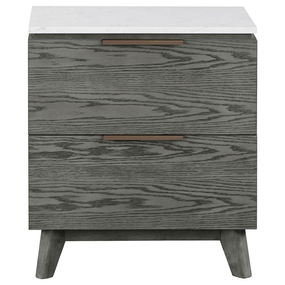 Tira 29 Inch Nightstand, Dual USB Port, 2 Drawers, White Marble Top, Gray - BM315341