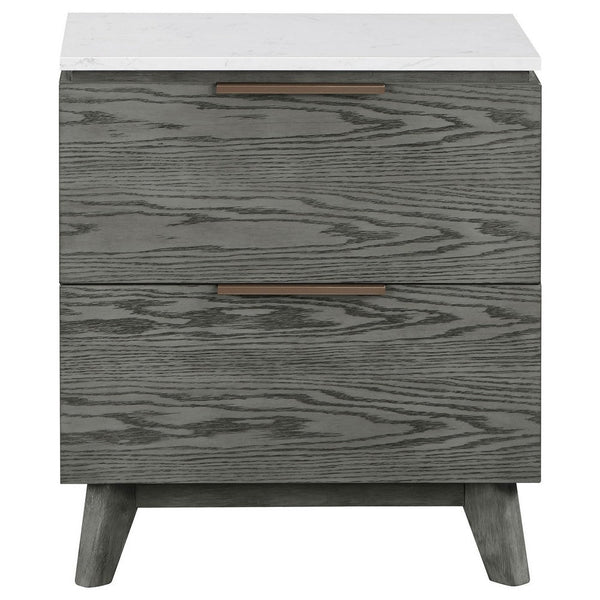 Tira 29 Inch Nightstand, Dual USB Port, 2 Drawers, White Marble Top, Gray - BM315341