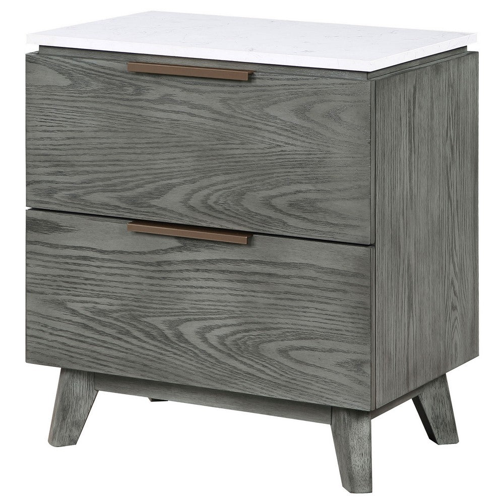 Tira 29 Inch Nightstand, Dual USB Port, 2 Drawers, White Marble Top, Gray - BM315341