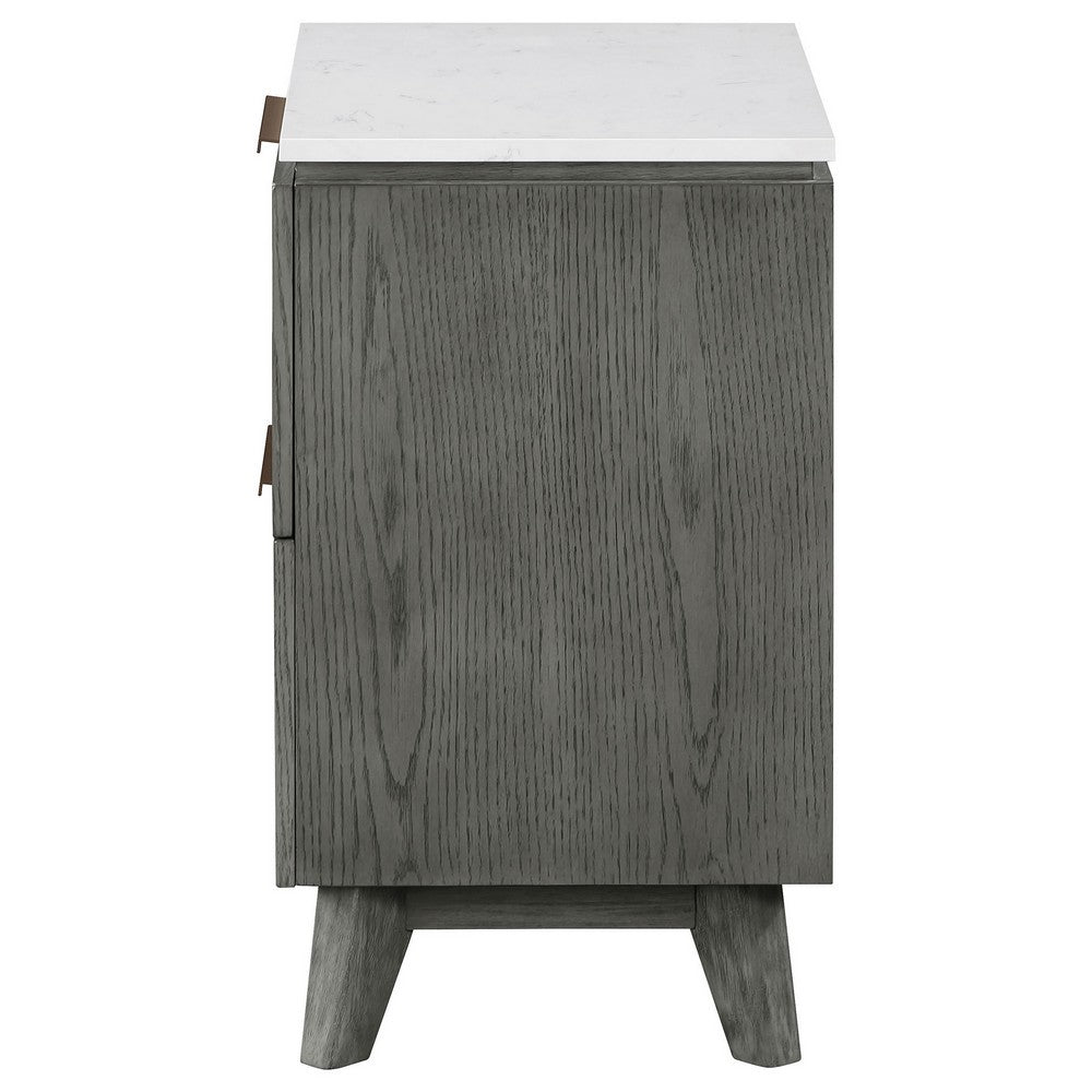 Tira 29 Inch Nightstand, Dual USB Port, 2 Drawers, White Marble Top, Gray - BM315341