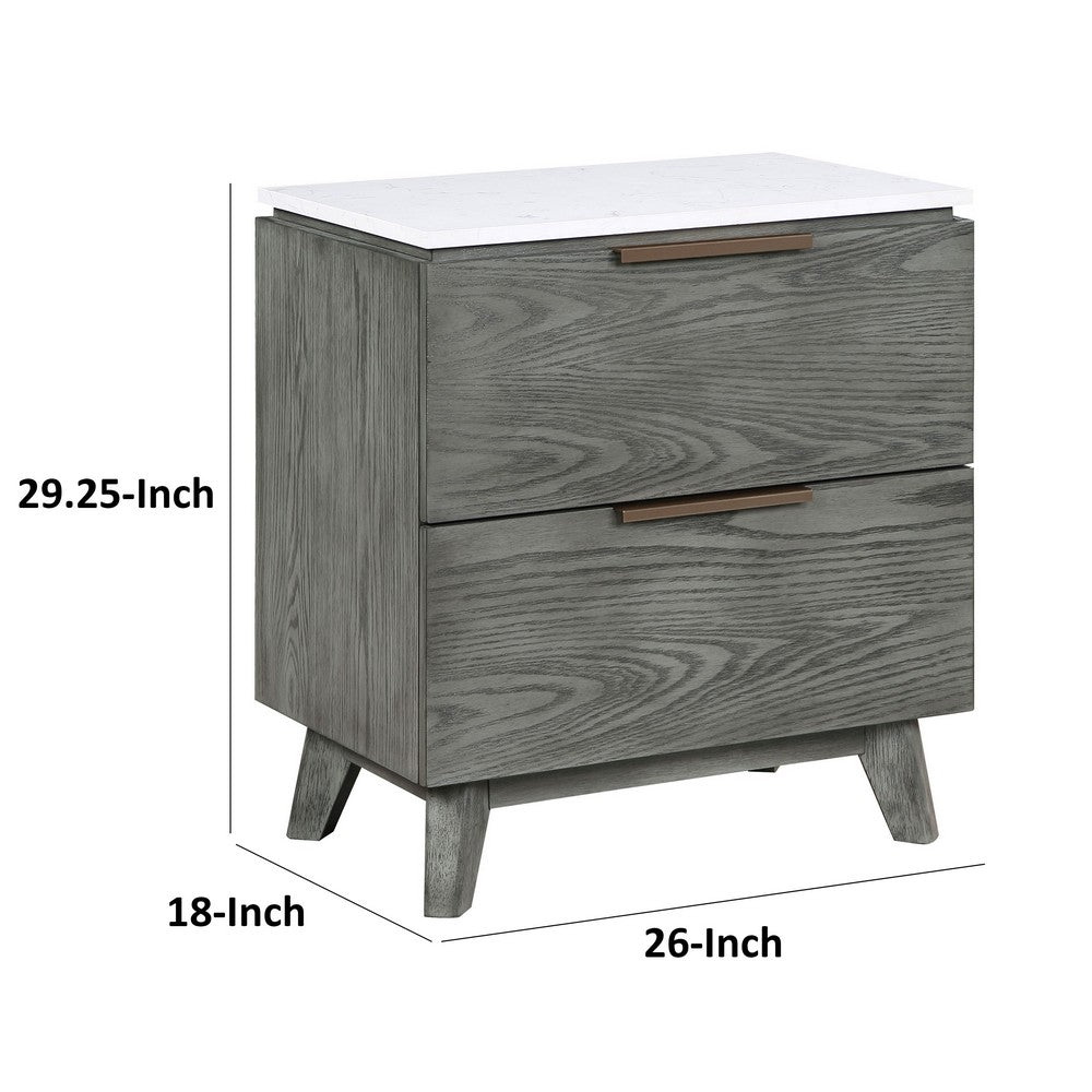 Tira 29 Inch Nightstand, Dual USB Port, 2 Drawers, White Marble Top, Gray - BM315341