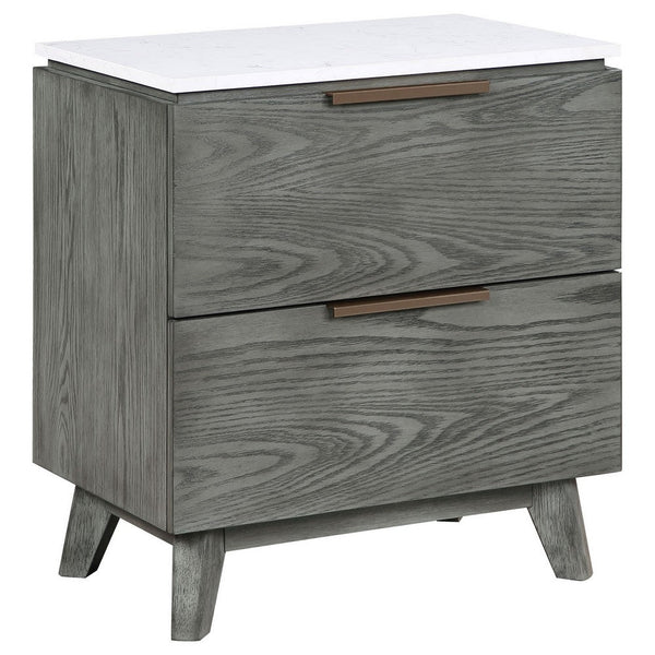 Tira 29 Inch Nightstand, Dual USB Port, 2 Drawers, White Marble Top, Gray - BM315341