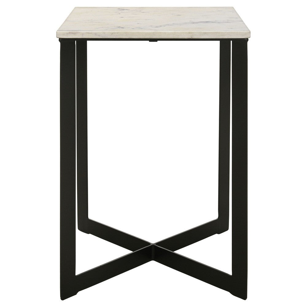 Sovi 24 Inch Side End Table, Square Marble Top, Black Metal Frame, White - BM315344