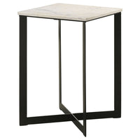 Sovi 24 Inch Side End Table, Square Marble Top, Black Metal Frame, White - BM315344