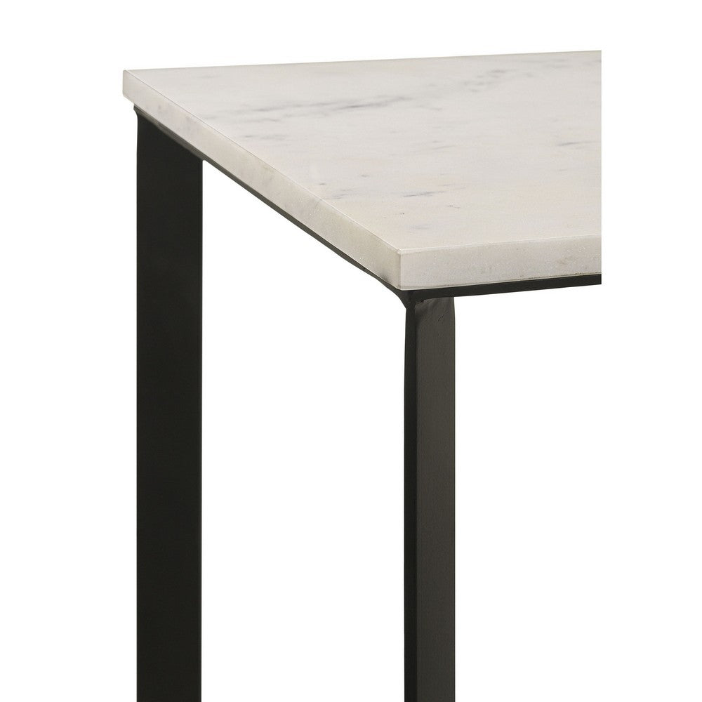 Sovi 24 Inch Side End Table, Square Marble Top, Black Metal Frame, White - BM315344