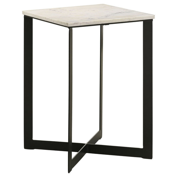 Sovi 24 Inch Side End Table, Square Marble Top, Black Metal Frame, White - BM315344