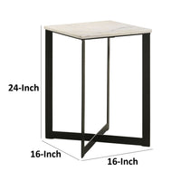 Sovi 24 Inch Side End Table, Square Marble Top, Black Metal Frame, White - BM315344