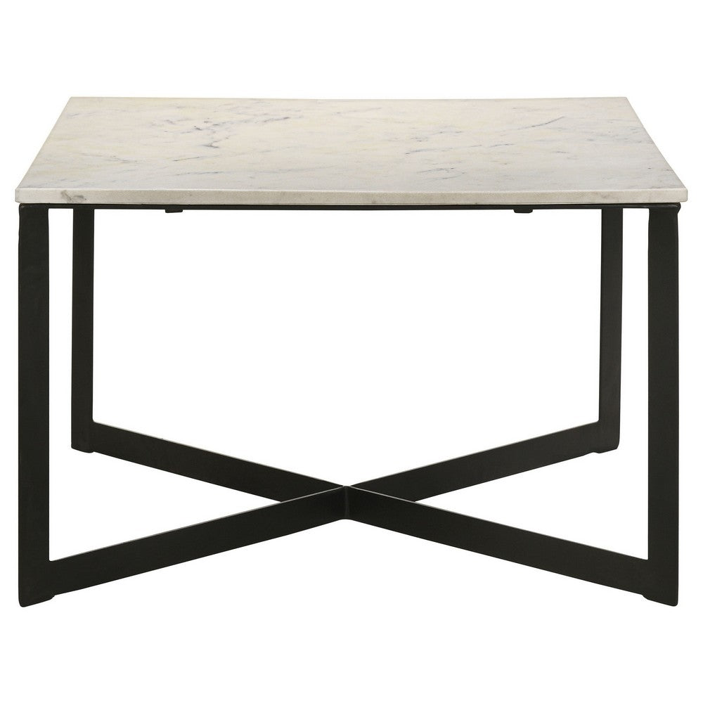 Sovi 28 Inch Side Coffee Table, Marble Top, Black Metal Frame, White Finish - BM315345