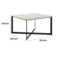 Sovi 28 Inch Side Coffee Table, Marble Top, Black Metal Frame, White Finish - BM315345