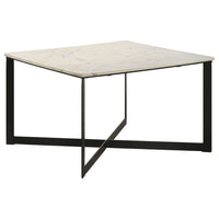 Sovi 28 Inch Side Coffee Table, Marble Top, Black Metal Frame, White Finish - BM315345