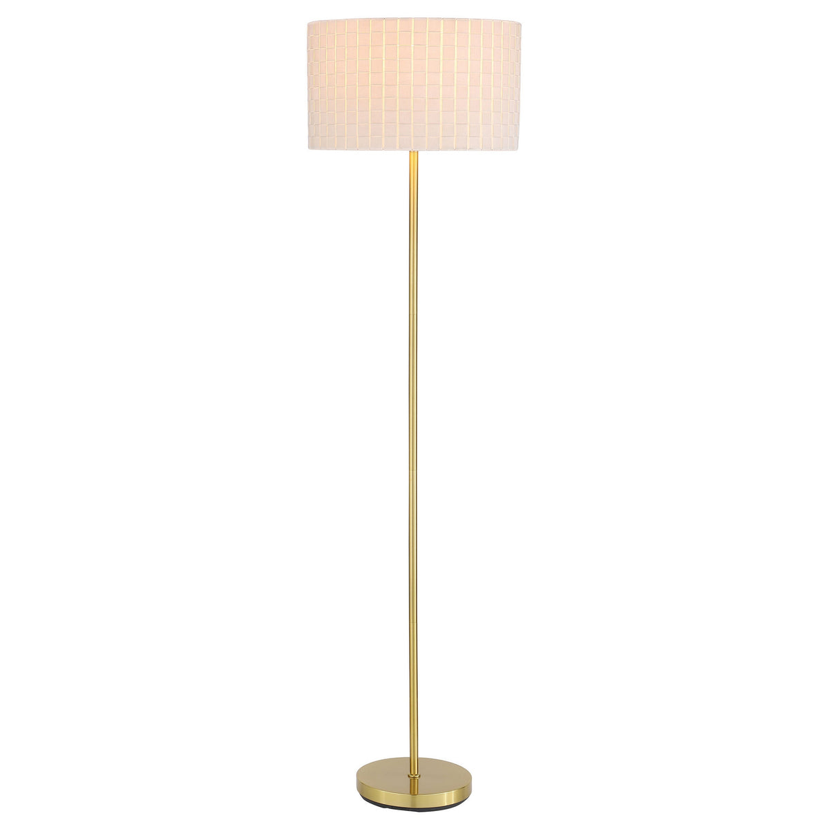 Nek 66 Inch Floor Lamp, Basketweave Drum Shade, Ivory Fabric, Gold Metal - BM315346