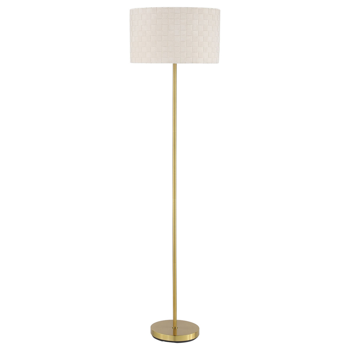 Nek 66 Inch Floor Lamp, Basketweave Drum Shade, Ivory Fabric, Gold Metal - BM315346