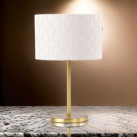 Nek 19 Inch Buffet Table Lamp, Basketweave Drum Shade, Ivory Fabric, Gold - BM315347