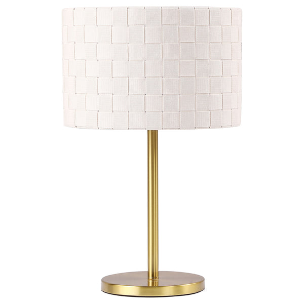 Nek 19 Inch Buffet Table Lamp, Basketweave Drum Shade, Ivory Fabric, Gold - BM315347