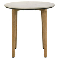 Wolu 22 Inch Side End Table, White Marble Round Top, Natural Brown Wood  - BM315348