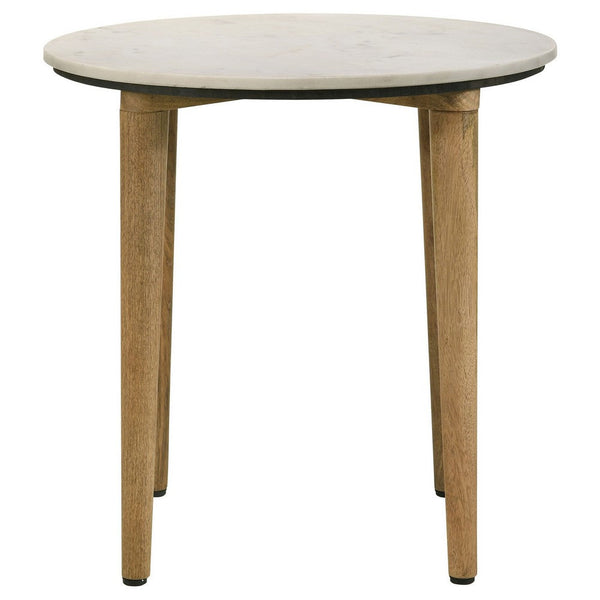 Wolu 22 Inch Side End Table, White Marble Round Top, Natural Brown Wood  - BM315348