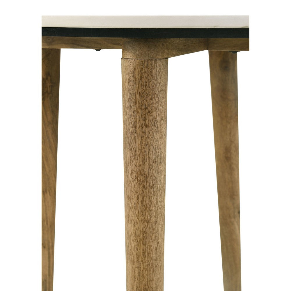 Wolu 22 Inch Side End Table, White Marble Round Top, Natural Brown Wood  - BM315348