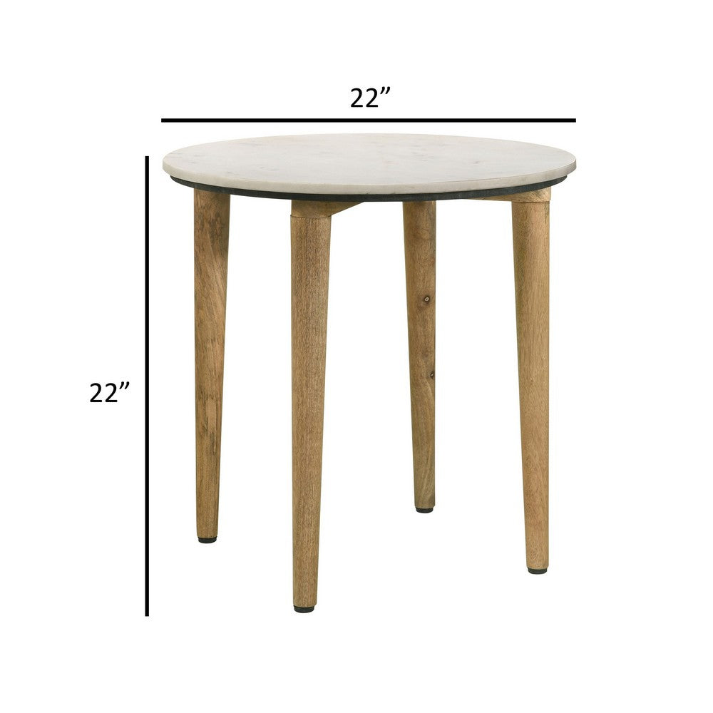 Wolu 22 Inch Side End Table, White Marble Round Top, Natural Brown Wood  - BM315348