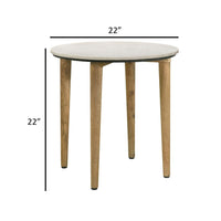 Wolu 22 Inch Side End Table, White Marble Round Top, Natural Brown Wood  - BM315348