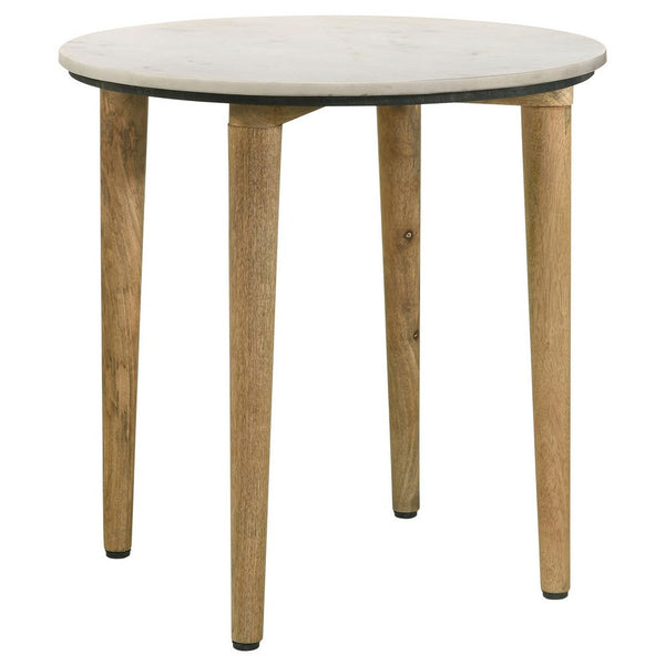 Wolu 22 Inch Side End Table, White Marble Round Top, Natural Brown Wood  - BM315348