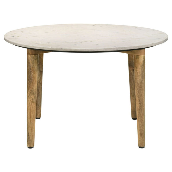 Wolu 30 Inch Coffee Table, White Marble Round Top, Natural Brown Mango Wood - BM315349