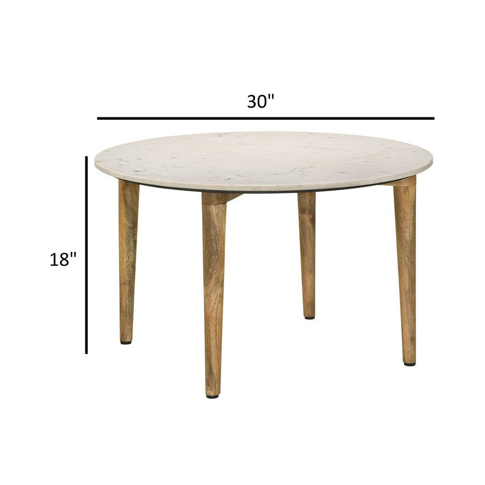 Benzara Wolu 30 Inch Coffee Table, White Marble Round Top, Natural ...