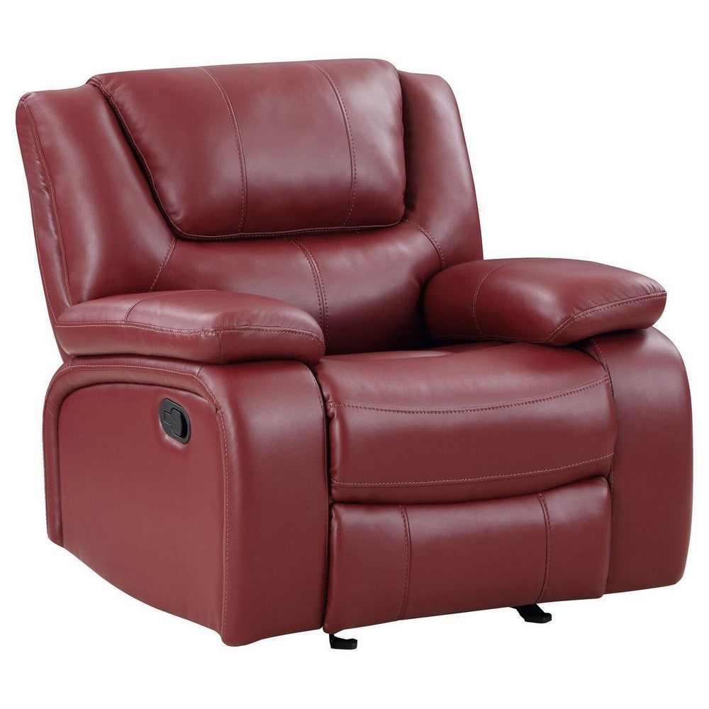 Mila 38 Inch Manual Recliner Accent Sofa Chair, Red Faux Leather, Wood - BM315356