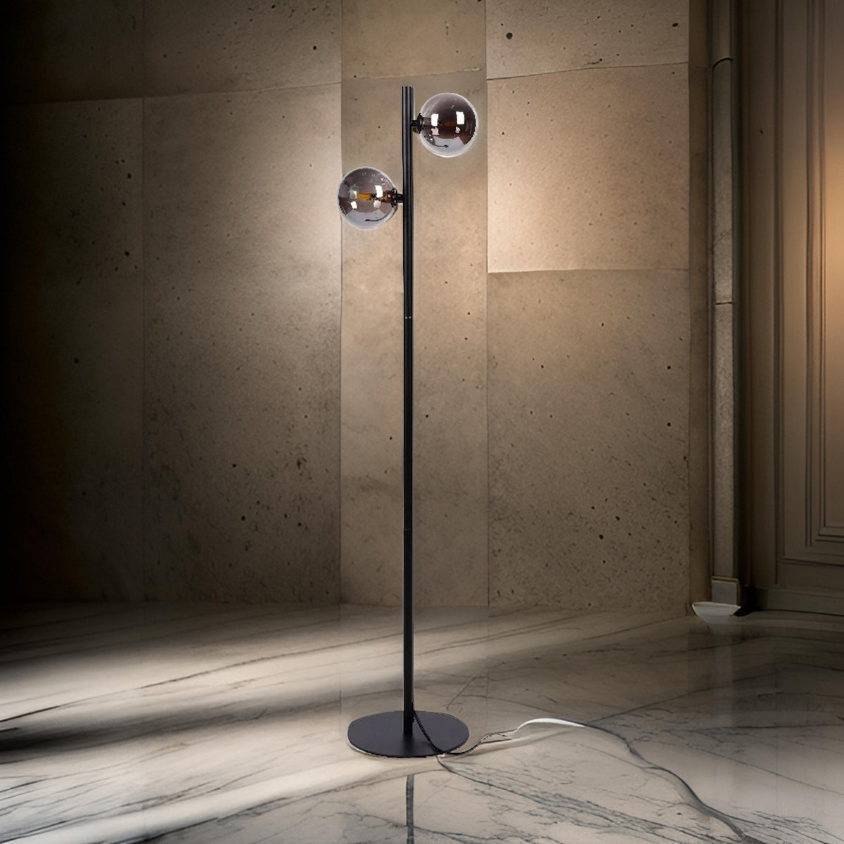 51 Inch Modern Floor Lamp, 2 Side Lights with Round Glass, Black Metal  - BM315373