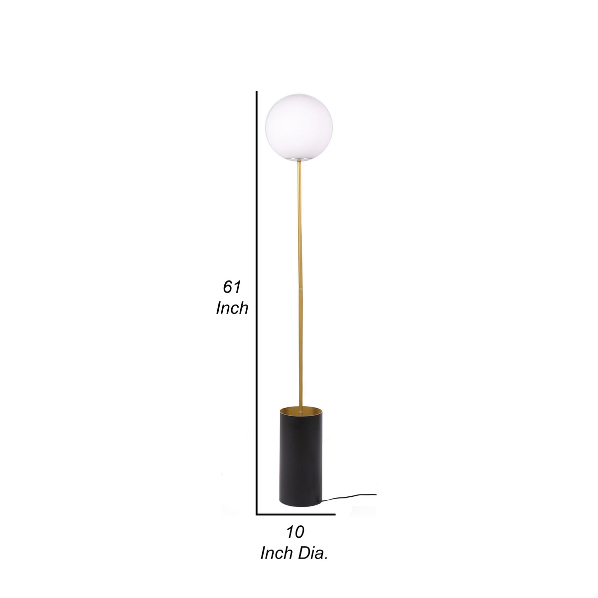 61 Inch Floor Lamp, Round White Spherical Shade, Round Black Base, Gold - BM315375