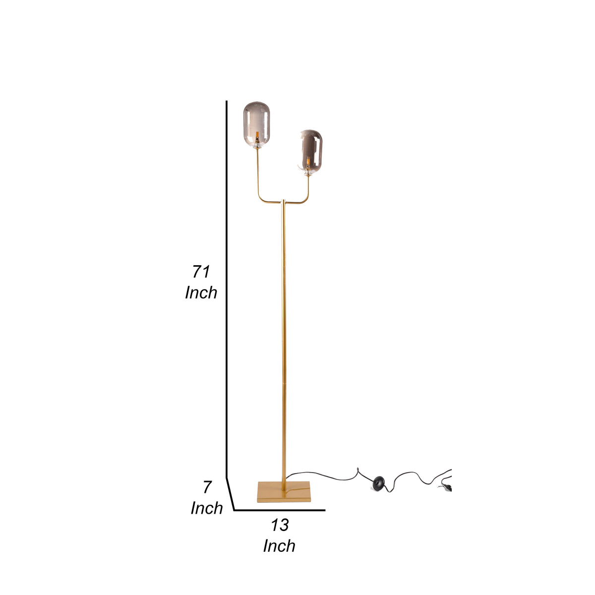 71 Inch Floor Lamp with 2 Branching Lights, Square Accent Base, Gold Metal - BM315377