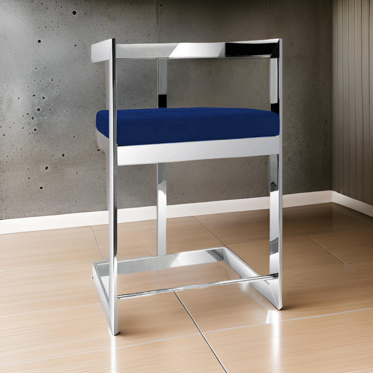 Gei 26 Inch Counter Height Chair, Cantilever, Blue Velvet, Chrome Metal - BM315384