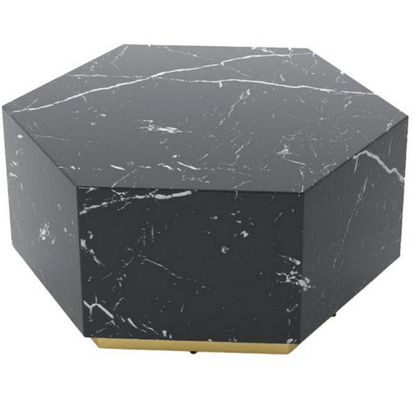 Hexi 35 Inch Coffee Table, Hexagonal, Black Faux Marble Design, Gold Base - BM315407