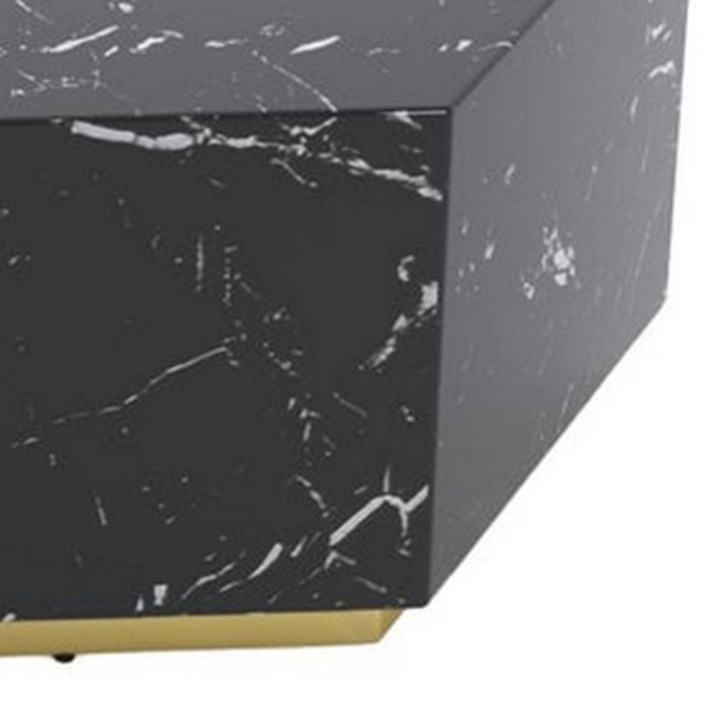 Hexi 35 Inch Coffee Table, Hexagonal, Black Faux Marble Design, Gold Base - BM315407